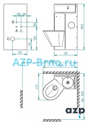 Безопасный нержавеющий комплект унитаз с раковиной и питьевым фонтанчиком BSK 02 AZP Brno Чехия (фото, схема)